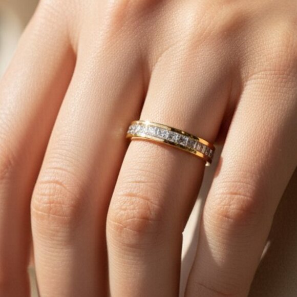 3/$35 18k Gold Plated Stainless Steel Band Ring Single Row Crystal Zirconia - Picture 4 of 7